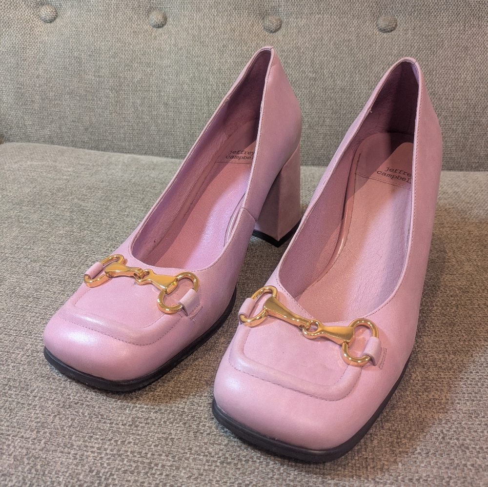 Jeffrey Campbell Pink Block Heel Loafers with Gold Bit